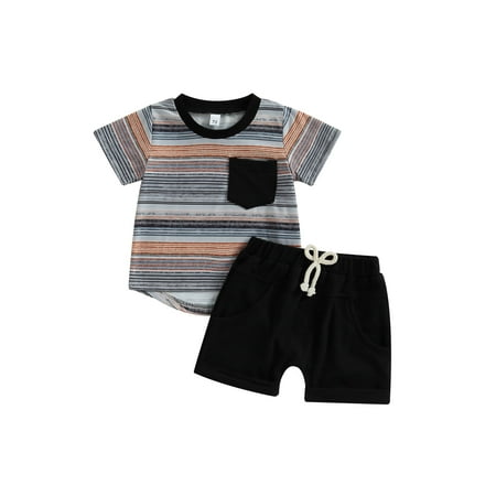 

Baby Boys Shorts Set Short Sleeve Crew Neck Striped T-shirt with Elastic Waist Shorts Summer Outfit