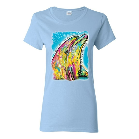 Wild Bobby Dean Russo Neon Colorfu Dolphin Animal Lover Women Graphic Tee, Light Blue, Medium