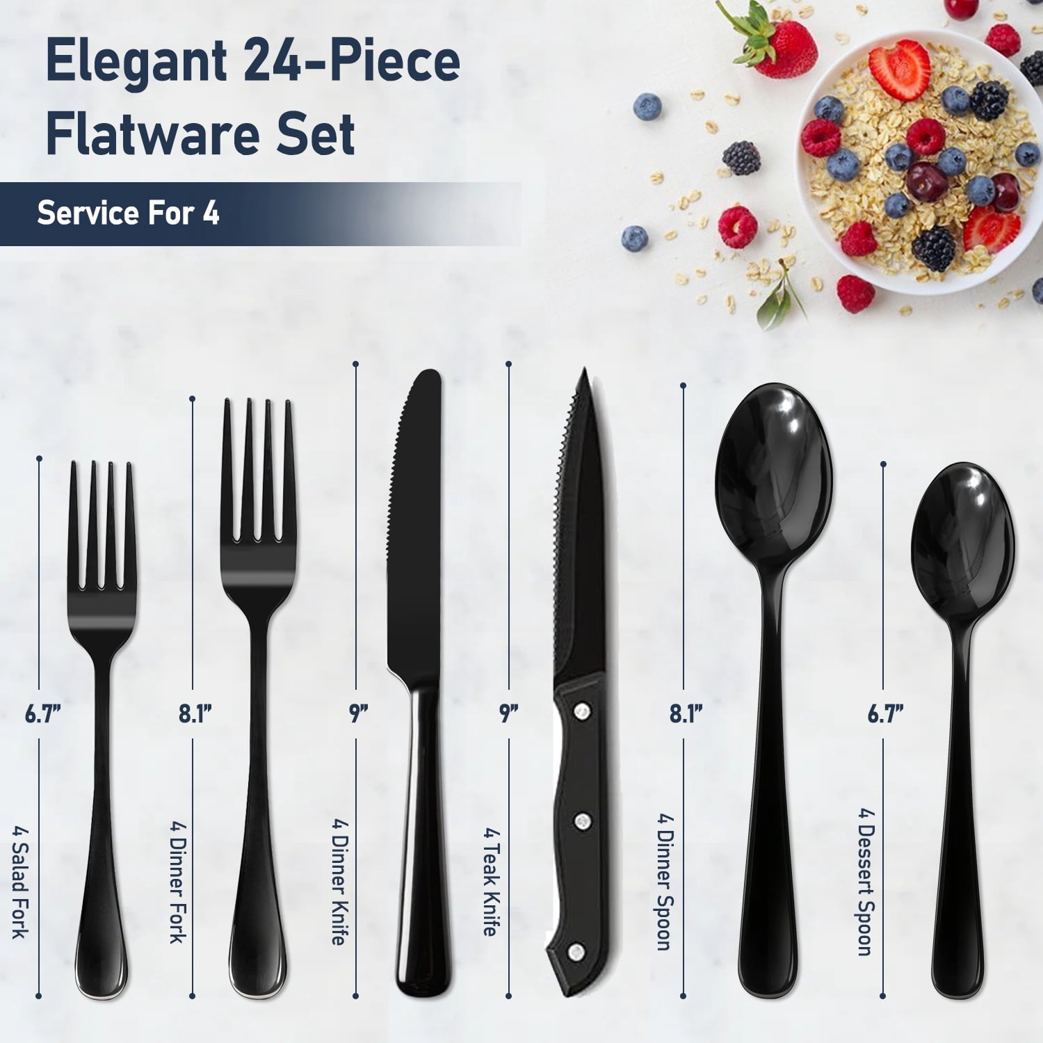 24-Pieces Black Silverware Set with Steak Knives, AOKIWO Black Flatware Set for 4, Food-Grade Stainless Steel Tableware Cutlery Set, Mirror Finished Utensil Sets for Kitchen Restaurant