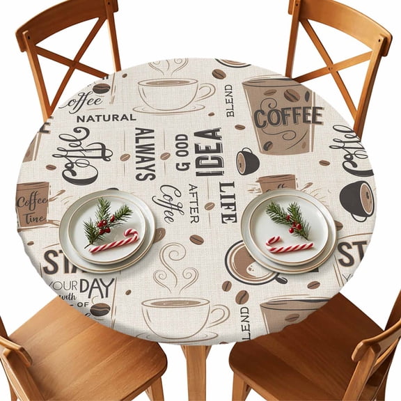 Round Tablecloth Brown Coffee Cup Elastic Edge Fitted Vintage Coffee Beans Beige Plastic Table Cover,Waterproof Oil Proof for Dinner,Outdoor, Picnic, 45"- 54" DIA Tables