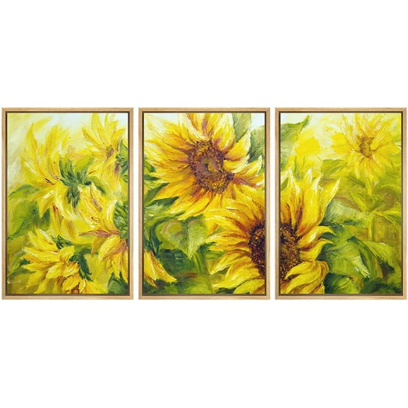wall26 - 3 Piece Framed Canvas Wall Art - Sunflowers in Oil Painting Style - Modern Home Art Stretched and Framed Ready to Hang - 24"x36"x3 Natural