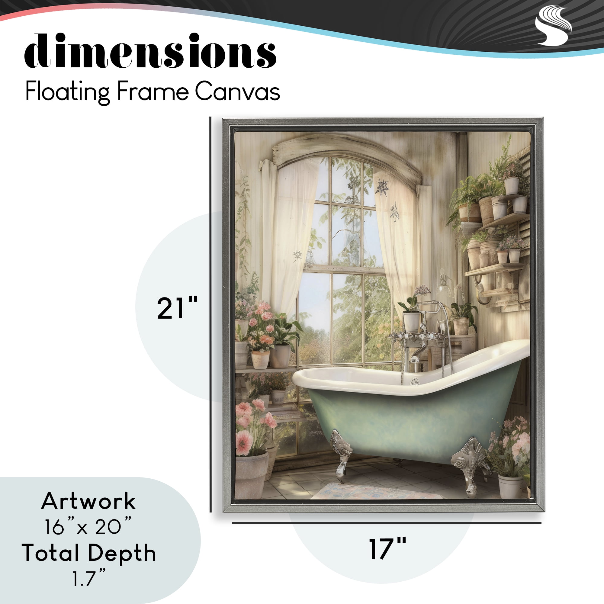 Bathroom with Floral Filled Shelves Gray Framed Floater Canvas Wall Art, design by Lettered and Lined