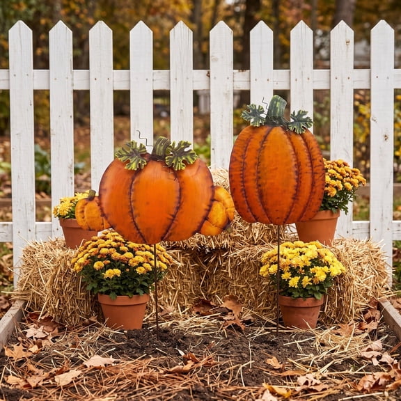 JHRGJIO Autumn Iron Art Pumpkin Yard Decorations, Garden Lawn Ornament Accent, Thanksgiving Halloween Ground Insert Outdoor Fall Decor Halloween Decorations Indoor Outdoor