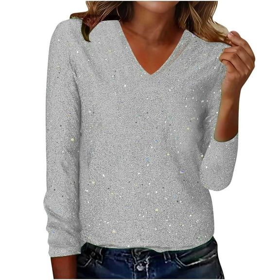 purcolt Women's Sparkly Sequin Tops V Neck Long Sleeve Dressy Casual Glitter Blouses Party Disco Evening Club Concert Shirt