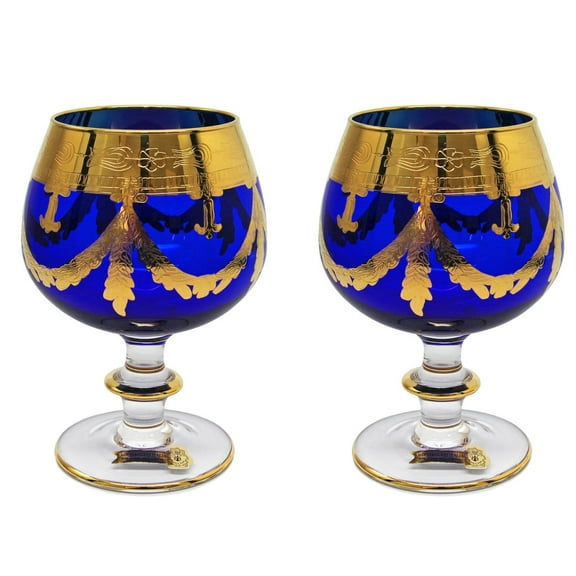 Interglass - Italy, Cobalt Blue Crystal Cognac Snifters Goblets, Vintage Design, 24K Gold Hand Decorated, 10 Oz, SET OF 2