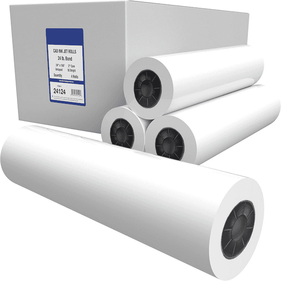 EnjinZZ Wide Format Paper 24" x 150' CAD Bond Rolls (24lb | 4 Rolls, 24 In x 150 Ft | 2" Core)