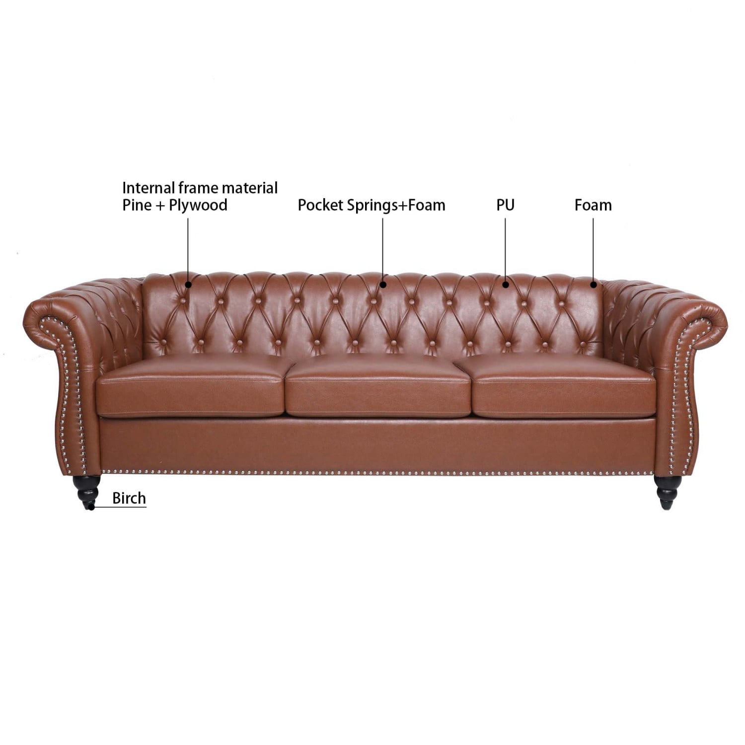 Miniyam 85" PU Rolled Arm Chesterfield 3 Seater Sofa, Brown
