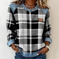 thumbnail image 5 of Plaid Sweatshirts Womens Long Sleeve Jean Denim Patchwork Trendy Tops Crew Neck Blouses Loose Pullover Shirts (2XL, Black), 5 of 6