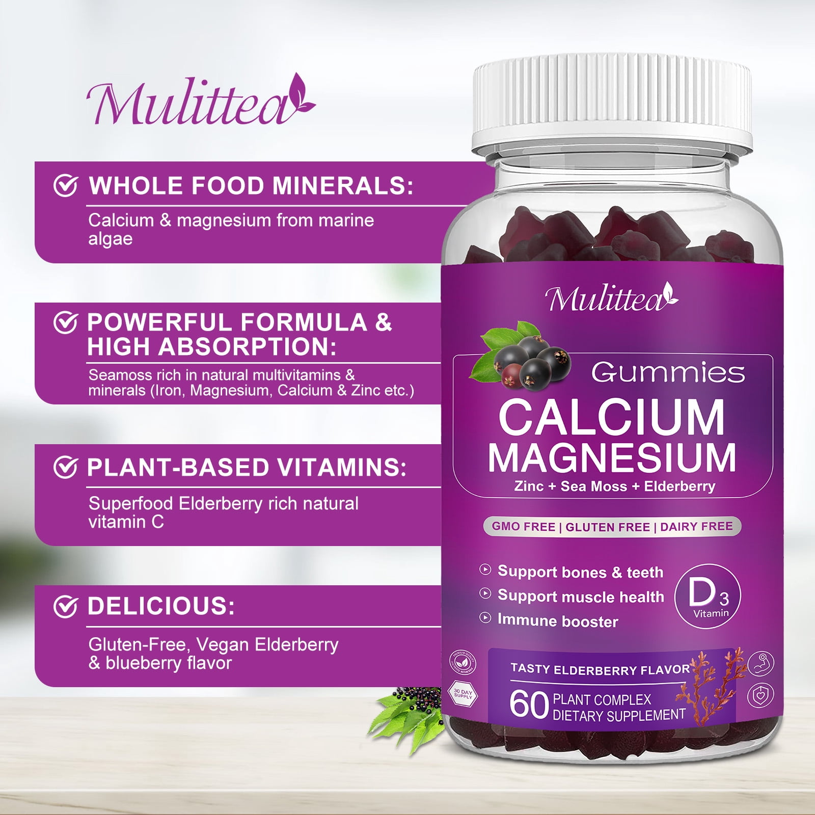MULITTEA Calcium Magnesium Zinc Gummies with High Absorption Magnesium Glycinate 200mg