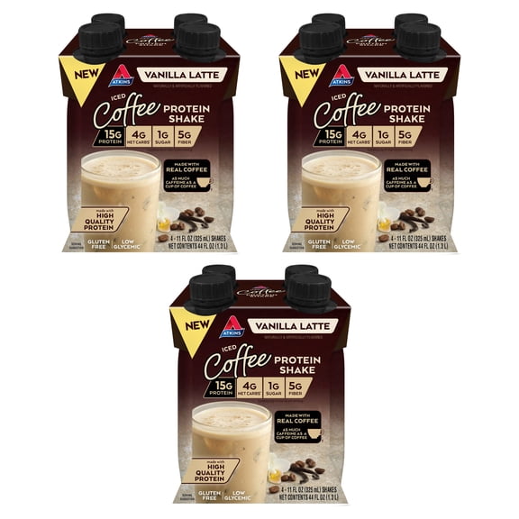 (3 pack) Atkins Iced Coffee Protein Shake, Vanilla Latte, Keto Friendly, 11.0 oz., 4 Count