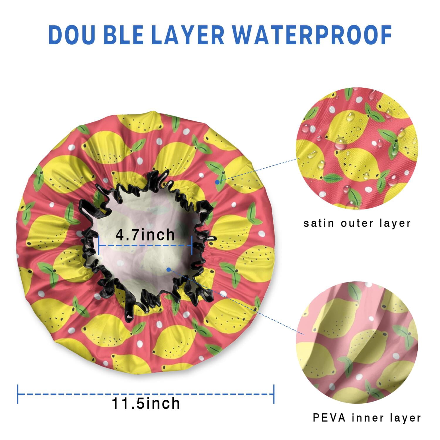 Shower Caps,Yellow Lemon Fruit Dots Red Pattern Waterproof Shower Cap for Women 4 Pieces,Double Reusable Hair Cover for Shower PEVA Elastic Stretch Hem