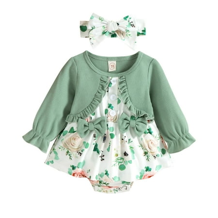 

XINSHIDE Romper Infant Girls Ruffles Long Sleeve Floral Prints Bowknot Romper Newborn Bodysuits Dress Headbands Set Baby Clothing