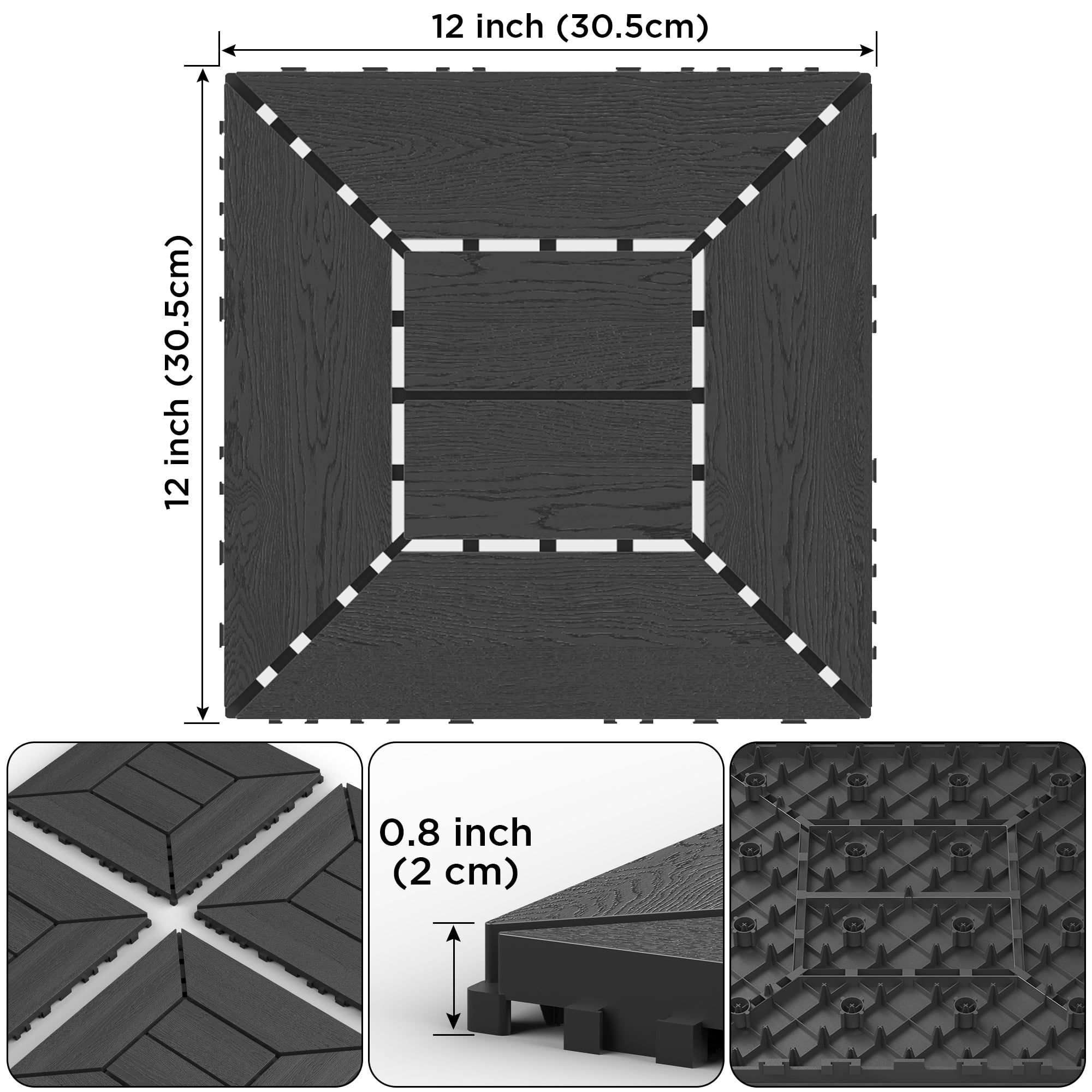 44 Pack Plastic Interlocking Deck Tiles,12"x12" Waterproof Indoor/Outdoor Floor Tiles,All-Weather Patio Floor Decking Tiles for Garden,Lawn,Porch,Poolside,Balcony,Style 02,Grey