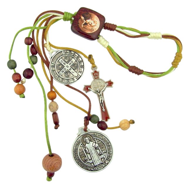 Bendición del hogar Cuentas de madera multicolores con medallas de protección de San Benito y crucifijo esmaltado