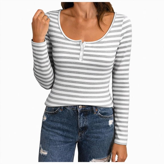 COMVALUE Women's Striped Henley Shirts Scoop Neck Button Front Long Sleeve Tee Fitted Tops (Grey, L)