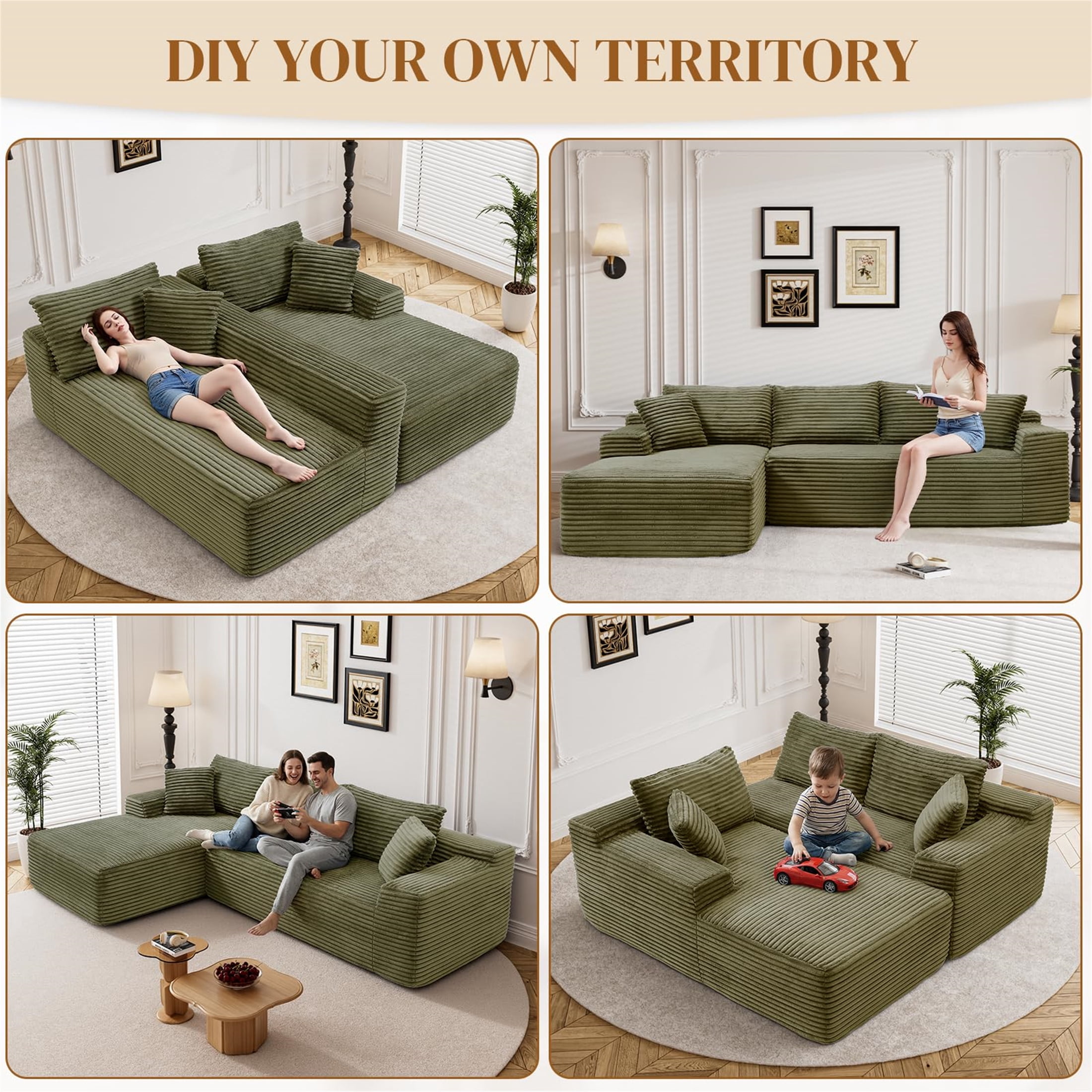Aukfa 96" Cloud Sectional Sofa Deep Seat Boneless Couch Modular L-Shaped Couch, Left Chaise Corduroy Sofa for Living Room, Green