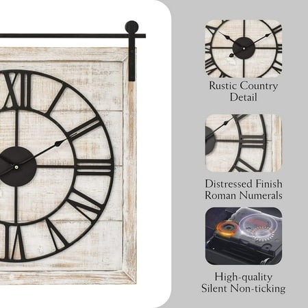 Vintage Barn Door Wall Clock - Distressed White Wash Finish, Large Rustic Farmhouse Wood Clock for Home, Wall and Farmhouse Décor, 24x23.6 Inches$$Home Decor, Kitchen, & Other