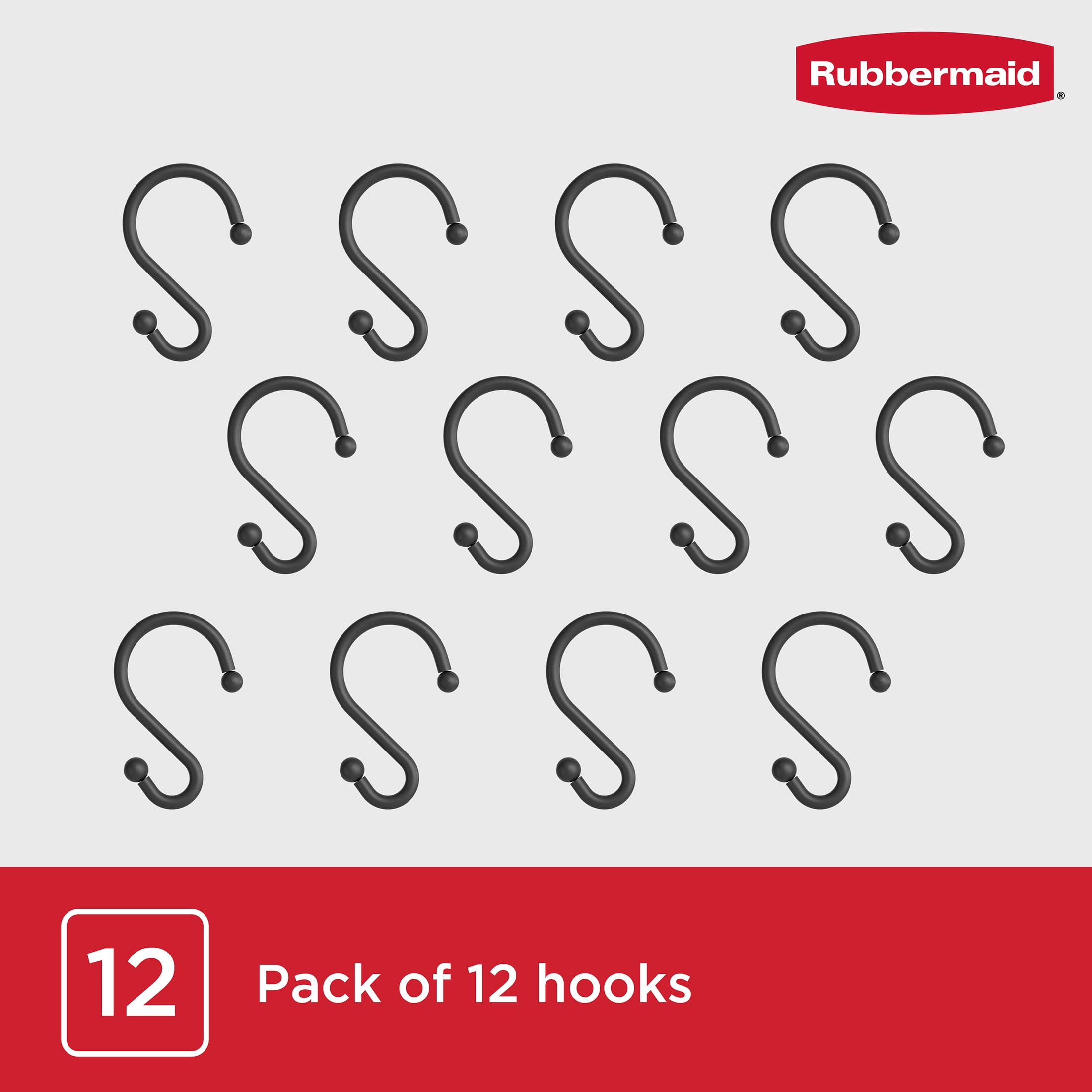 Rubbermaid Rustproof Stainless Steel S-Shaped Shower Hooks, Matte Black, Set of 12