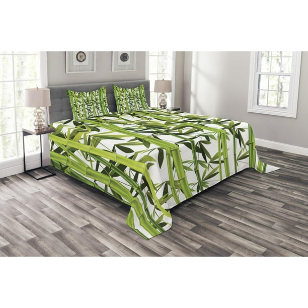 Bamboo Bedspread Set, Fresh Green Plant with Leaves in Zen Garden