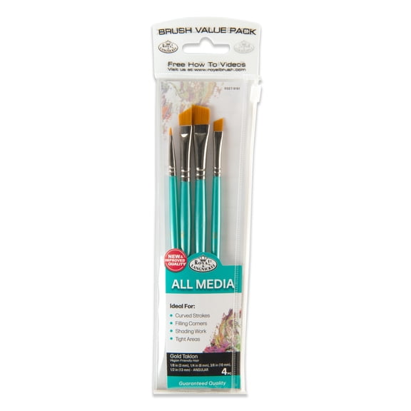 Royal & Langnickel - 4pc Variety Size Gold Taklon All Media Angular Artist Paint Brushes | RSET-9191 |