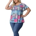 thumbnail image 4 of Agnes Orinda Women's Plus Size Floral Tops Ruffle Pleated V Neck Short Sleeve Summer Casual Blouse 4X Blue Pink Block, 4 of 6