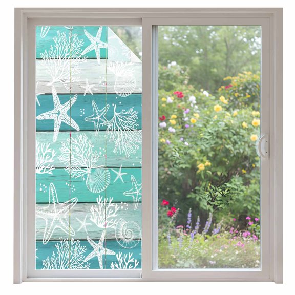Teal Coastal Beach Window Privacy Film, Nautical Starfish Coral Vintage Wooden Static Cling UV Sun Blocking Heat Control Window Tint Day and Night, Non-Adhesive One Way Privacy Cover 35.4''x78.7''