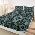 thumbnail image 4 of jejeloiu Moody Damask King Sheets,Vintage Print Bedding For Adults,Teal Black,4 Pieces,1 Flat Sheet, 1 Fitted Sheet and 2 Pillowcases, 4 of 6