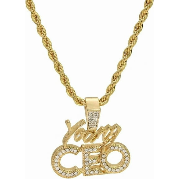Hip Hop Iced Gold Plated Young CEO Cubic Zirconia Pendant & 4mm 24" Rope Chain Fashion Bling Necklace