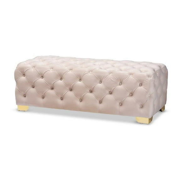 Bowery Hill Modern Tufted Velvet Ottoman in Beige and Gold