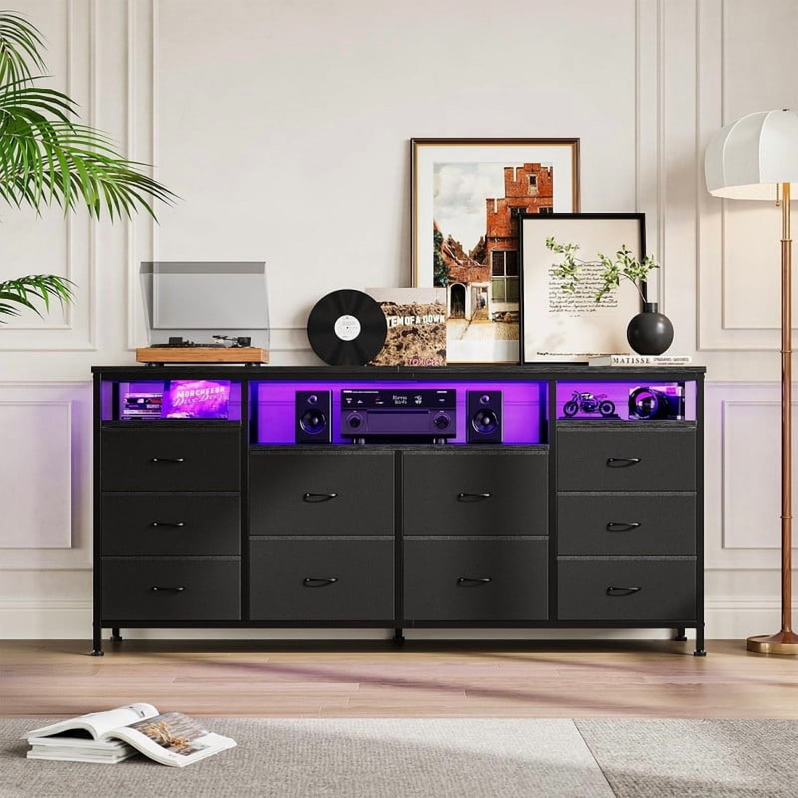 10 Drawer Dresser for Bedroom, 63.3 Inch TV Stand with LED & Power Outlets, Fabric Chest of Drawers for Closet, Living Room, Black
