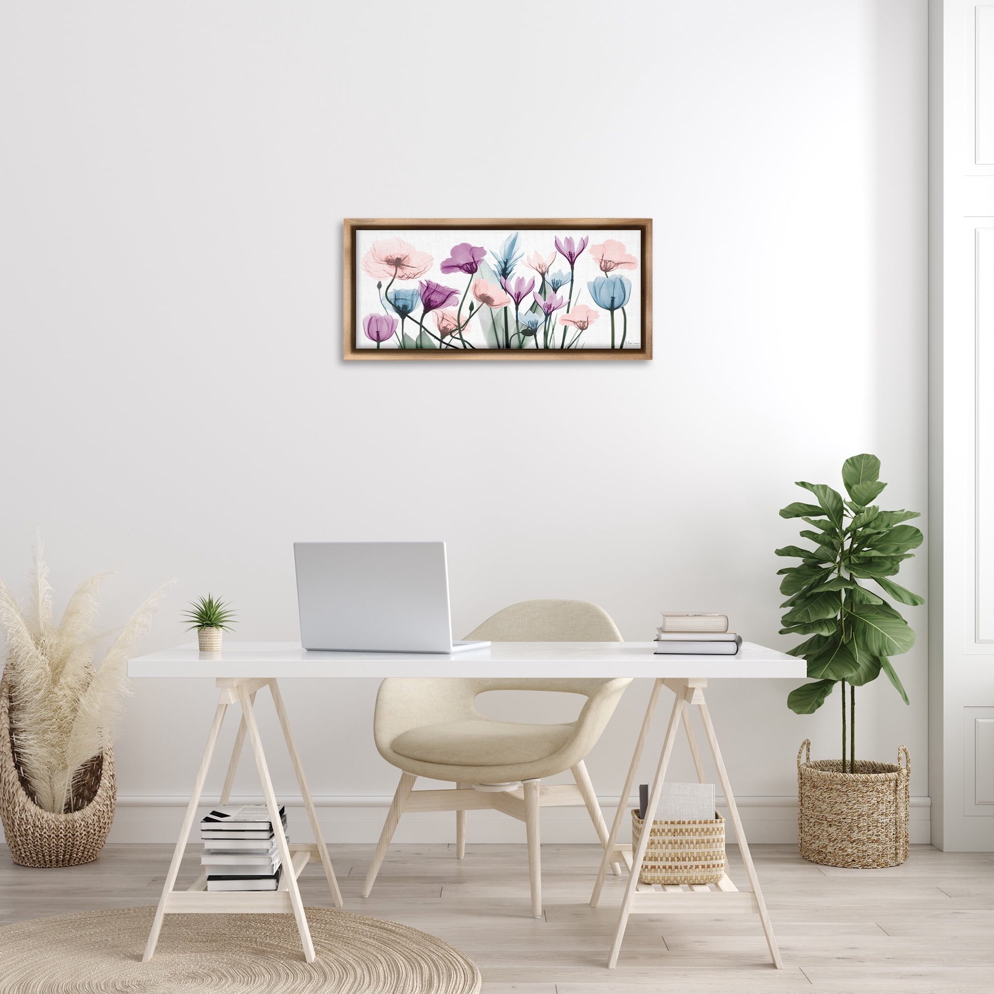 Stupell Industries Modern Translucent Pastel Tulips Botanical & Floral Painting Brown Floater Framed Canvas Art Print Wall Art, 31 x 14