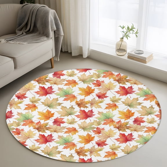 Thanksgiving 3ft Area Rug, Fall Green Orange Red Botanical Maple Leaves Washable Non-Slip Small Round Rugs for Entryway Bedroom Kitchen, Soft Circle Carpet for Dining Room, Playroom Nursery Rug