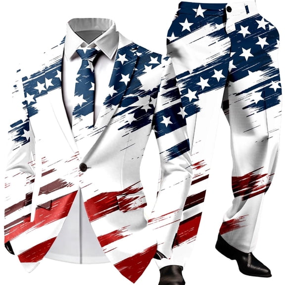 CONZONE Independence Day Mens 2 Peice Suit Set Usa 250Th Anniversary Suits for Men Patriotic Usa Flag Graphic Long Sleeve Blazer Pants Cozy July 4Th Dress Outfits