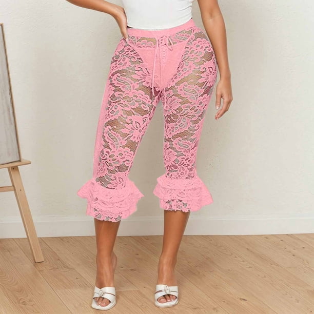 WILLBEST Pantalones Casuales para Mujer, de Color Sólido, Sexys, con Encaje, Pantalones Cortos Calados para Uso Diario. Chica