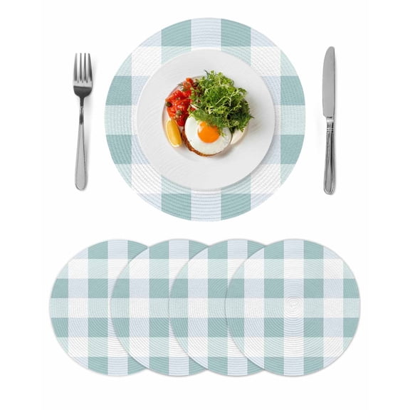 Aqua Plaid Round 15 Inch Placemats Set of 4, Spring Summer Farmhouse Buffalo Checkered HeatResistant Non Slip Place Mats for Dining Table, Wipeable Braided Kitchen Table Mats for Housewarming