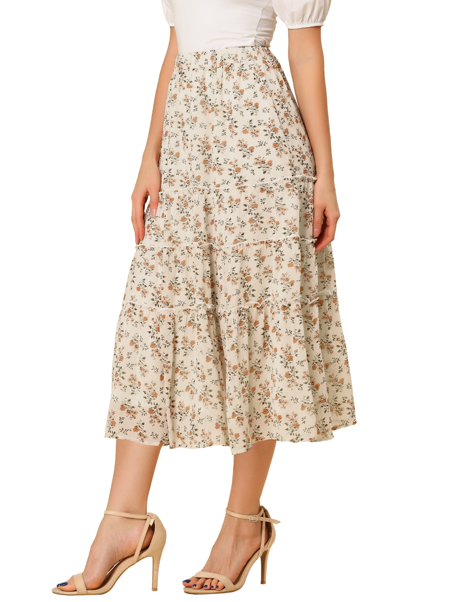 DARING DIVA Women's Chiffon Tiered A-Line Maxi Skirt S White A