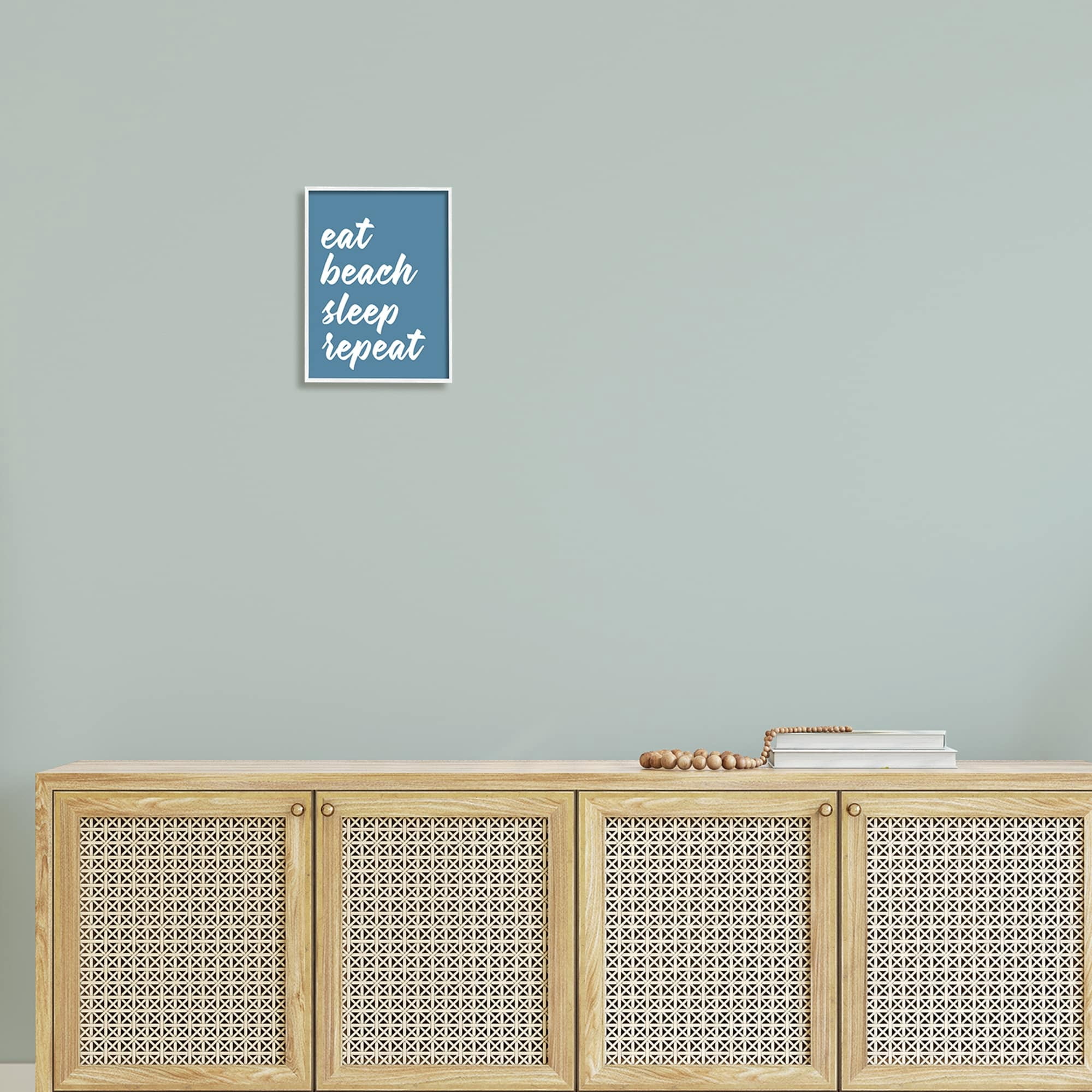 Stupell Industries Eat Beach Sleep Repeat Blue Script Phrase Graphic Art White Framed Art Print Wall Art, Design by Lettered and Lined