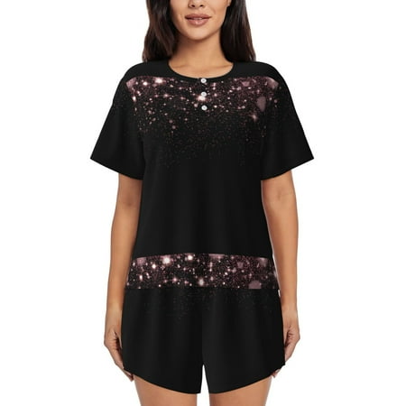 Cauagu Sparkling Pink Night Sky for Women s Round Neck Pajama Set Short-Sleeved Pajamas Soft Sleepwear Set Summer Pajamas Set Lounge Sets 2-Piece Pj-Medium