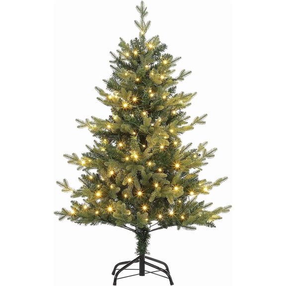 Rugerasy 4 Ft Christmas Tree with Lights, Artificial Small Christmas Tree with 265 Realistic Fir Branch Tips 150 LED Lights, Easy Assembly Hinged Xmas Tree for Indoor Outdoor Decor,Green