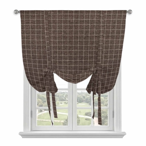 Brown Buffalo Plaid Tie Up Curtains for Windows, Adjustable Balloon Window Shades, Vintage Farmhouse Checkered Kitchen Window Treatments Farmhouse Short Curtains with Rod Pocket 42"x45"