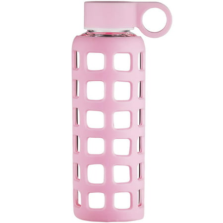 Origin Best BPA-Free Borosilicate Glass Water Bottle with Fun Square Silicone Sleeve and Leak Proof Lid - Dishwasher Safe Pale Pink 22