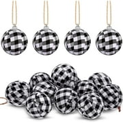 24 Pieces Buffalo Plaid Fabric Ball Christmas Ball Ornaments Shatterproof Christmas Hanging Ornament for Xmas Tree Ornaments and Holiday Party Decoration (3 inch,White and Black)