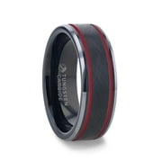 OLIS Wire Finish Centered Black Tungsten Men's Wedding Band with Double Red Stripe Polished Beveled Edges - 8mm