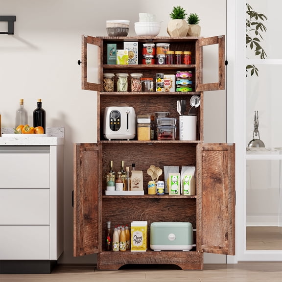 Behost Kitchen Pantry Cabinet, Kitchen Pantry Storage Cabinet with Microwave Stand, Farmhouse Kitchen Hutch with 4 Doors & 5 Adjustable Shelves for Living Room, Dining Room, Bathroom, Rustic Brown