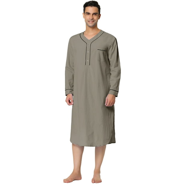 Camisón de algodón para hombre, camisón de manga larga, camisón Henley, ropa de dormir Gris XXL
