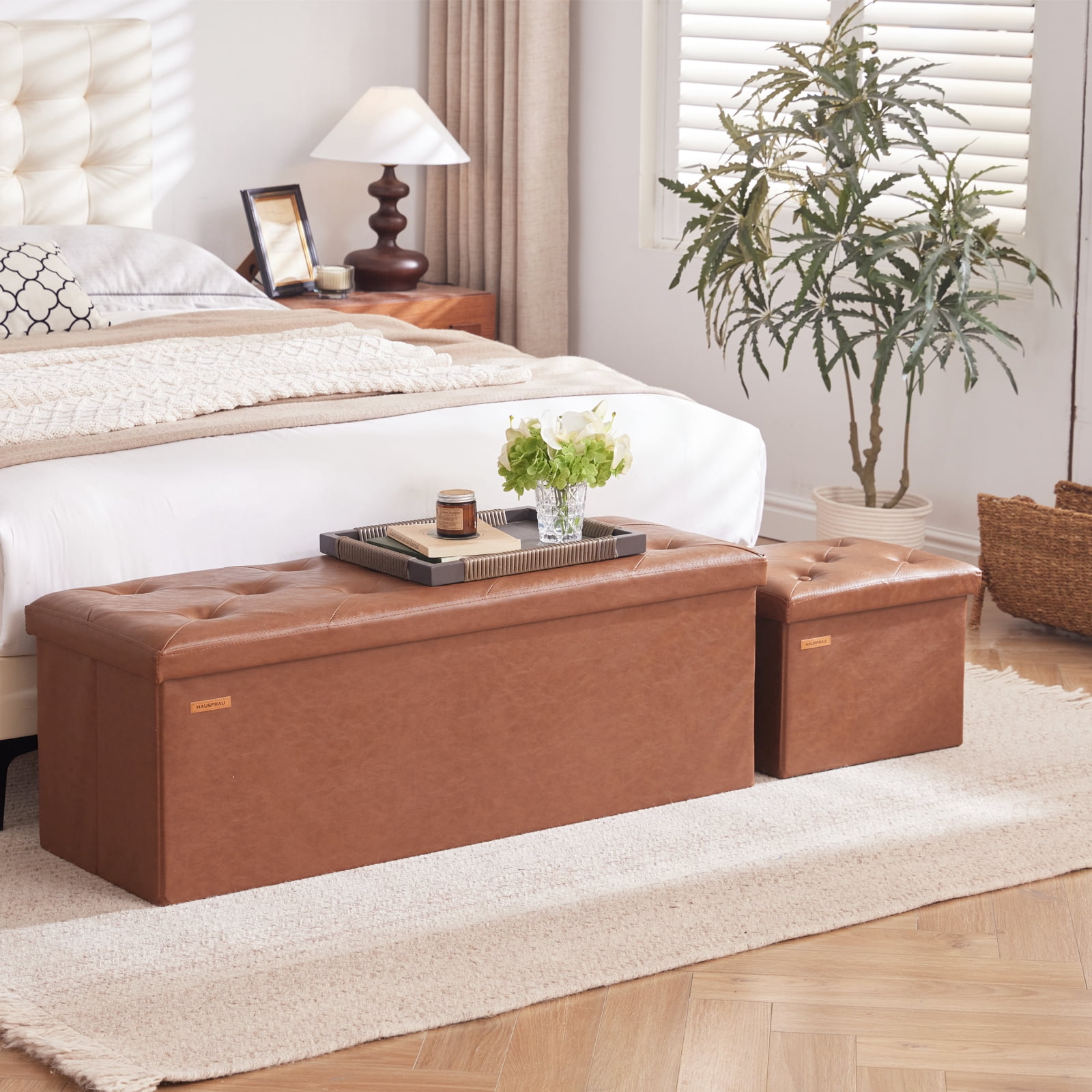 Hausfrau 43.5 Inches Ottoman with Storage Bench, Folding Ottoman Bench Foot Rest Stool, Bedroom Bench, Holds up to 660 lb, Faux Leather Retro Brown