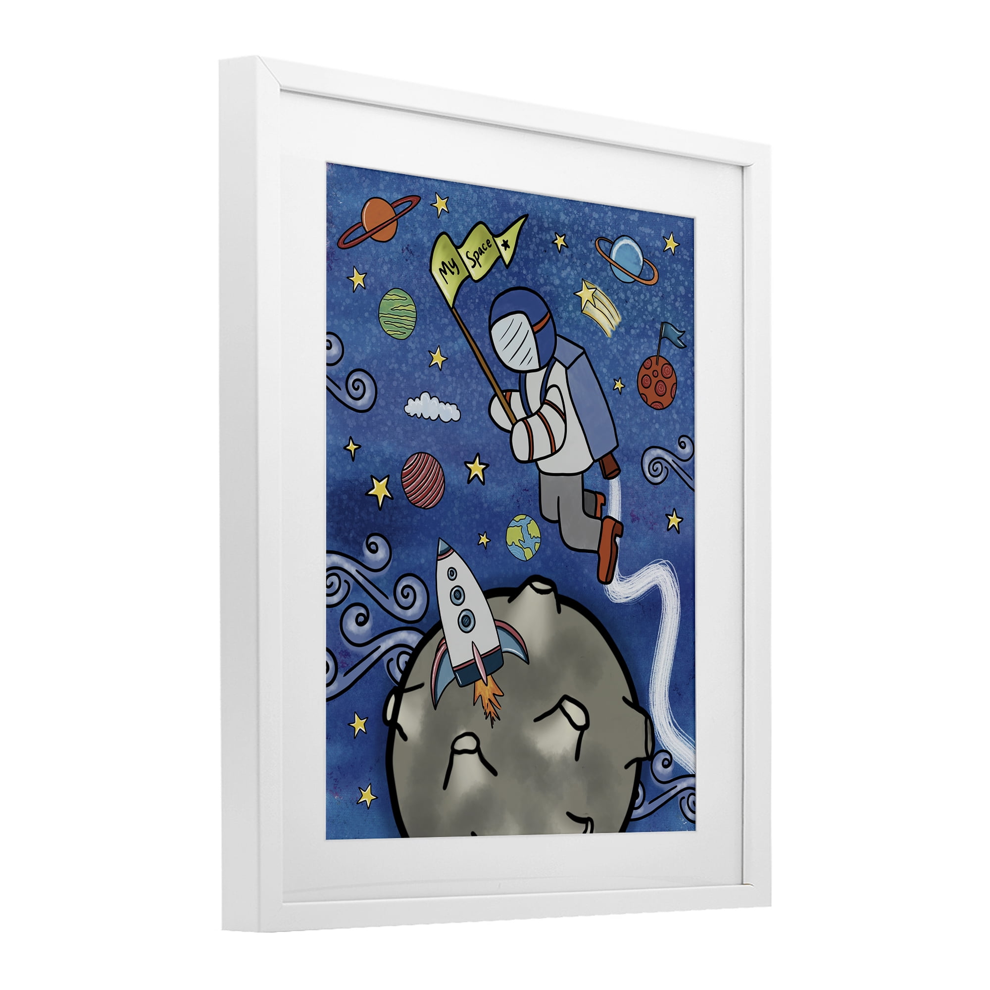 Astronaut Space Adventure White Framed Print Under Glass, design by Jennifer Stith
