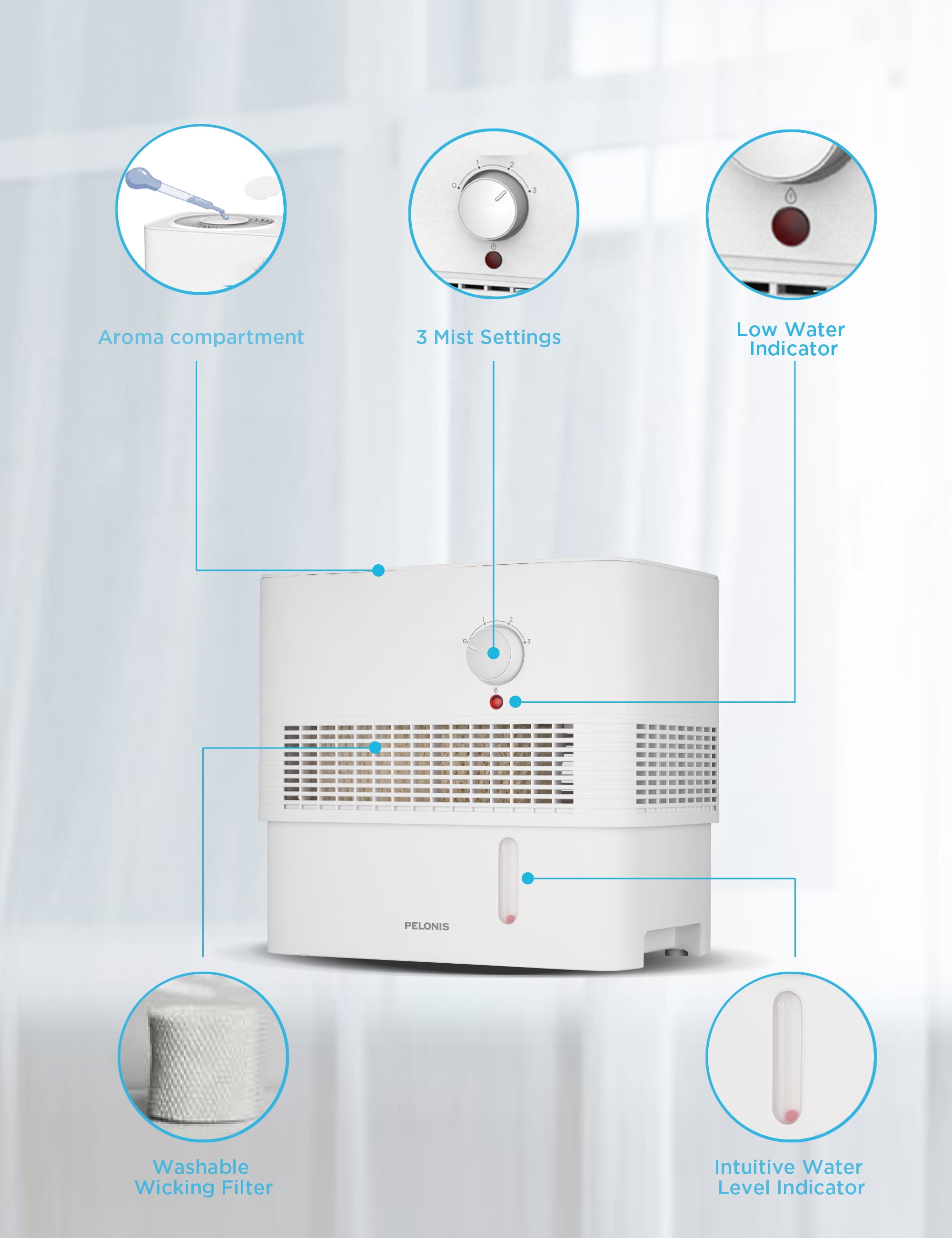 Pelonis Humidifier, 1 Gallon, Quite Operation, Auto Shut Off, Diffuser, White