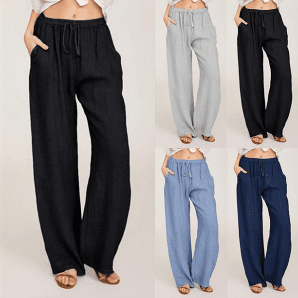 Women's Casual Cotton Linen Pants Drawstring Smocked Waist Wide Leg Palazzo  Pants Lounge Beach Trousers with Pockets 