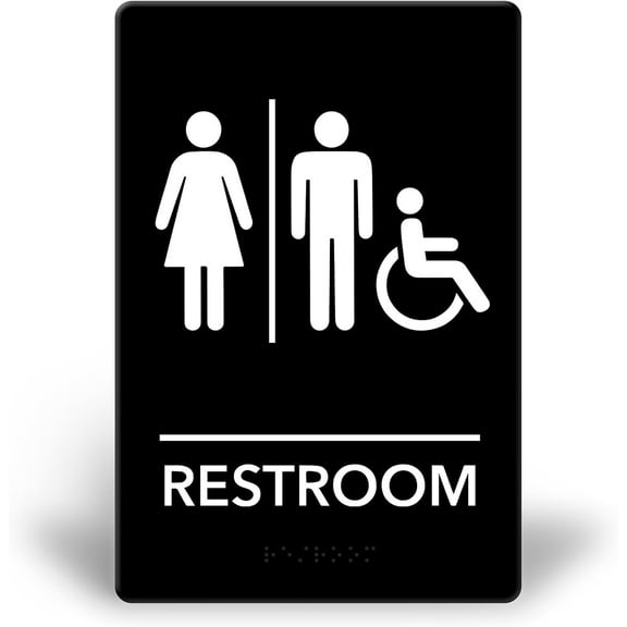 Promot 9x6 Unisex Handicap Restroom Sign – ADA Braille Self-Adhesive - Black